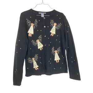Carroll Reed Ramie Cotton Cardigan Women M Black Angels Stars EmbroideryCottage